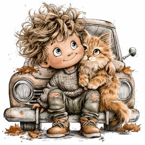 15 Pojke Med Katt Png, Lastbil Höstlöv Rufsigt Hår Vintage Sublimering Clipart