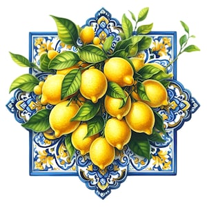 May include: A cluster of yellow lemons with green leaves hanging from a branch, set against a blue and white patterned tile background.