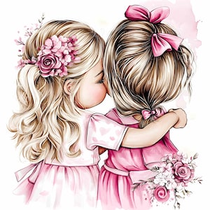 18 JPEG Ragazze dolci che si abbracciano in abiti rosa, arte con accenti floreali, clipart JPEG commovente