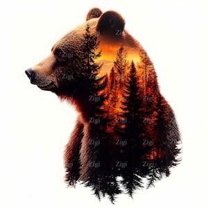 15 imágenes prediseñadas de oso con doble exposición JPEG: Atardecer en el bosque JPG para arte mural, impresiones de vida silvestre, decoración de cabañas, artesanías rústicas, calcomanías de aventuras