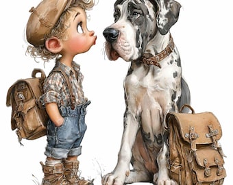 16 PNG Boy and Dog Clipart – Kid and Great Dane Art for Stickers, Cards, Nursery Decor, Scrapbooking, Planner Designs, Sublimation Printable