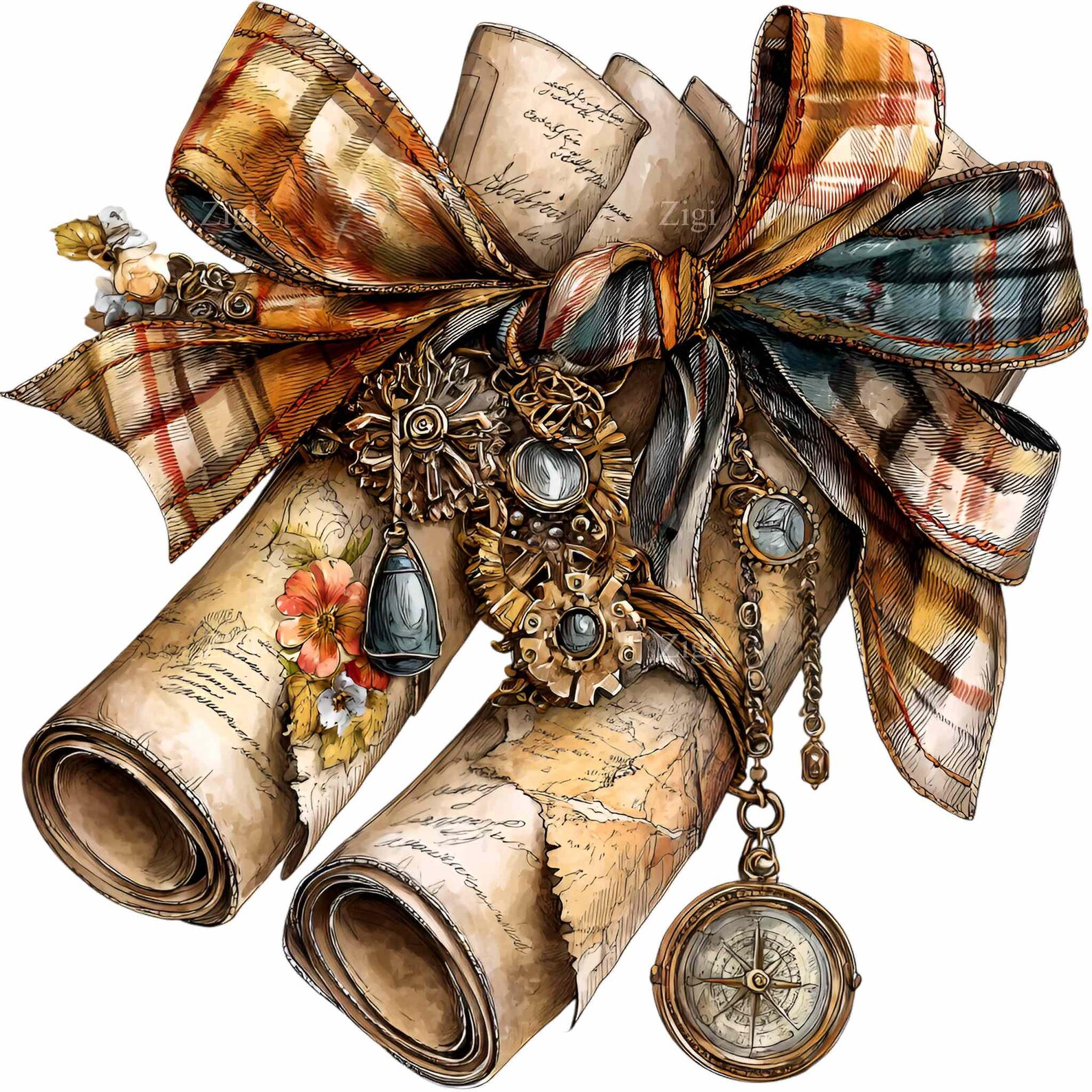 Steampunk Ribbon 10 PNG Steampunk Map Bow – Vintage Ribbon PNG Clipart – Watercolor ...