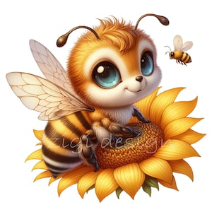 Linda abeja sobre girasol, 10 adorables ilustraciones de dibujos animados de abejas PNG, arte animal caprichoso para decoración y manualidades
