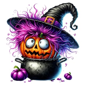 Zucca di Halloween con cappello da strega PNG Clipart, 15 opere d'arte spettrali e divertenti per bambini, download digitale per artigianato e arredamento