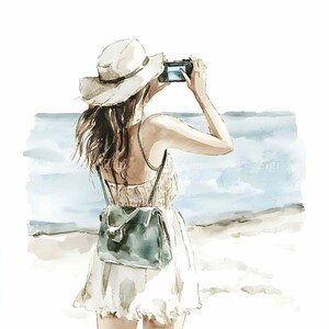 28 imágenes prediseñadas de mujer fotografiando el mar, arte de moda playera de verano, ilustración de chica viajera en el océano para decoración de pared.