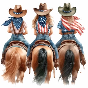 12 Patriotic Cowgirls PNG Clipart, Tre cavalieri occidentali a cavallo con bandiere americane, Arte digitale di Country Rodeo