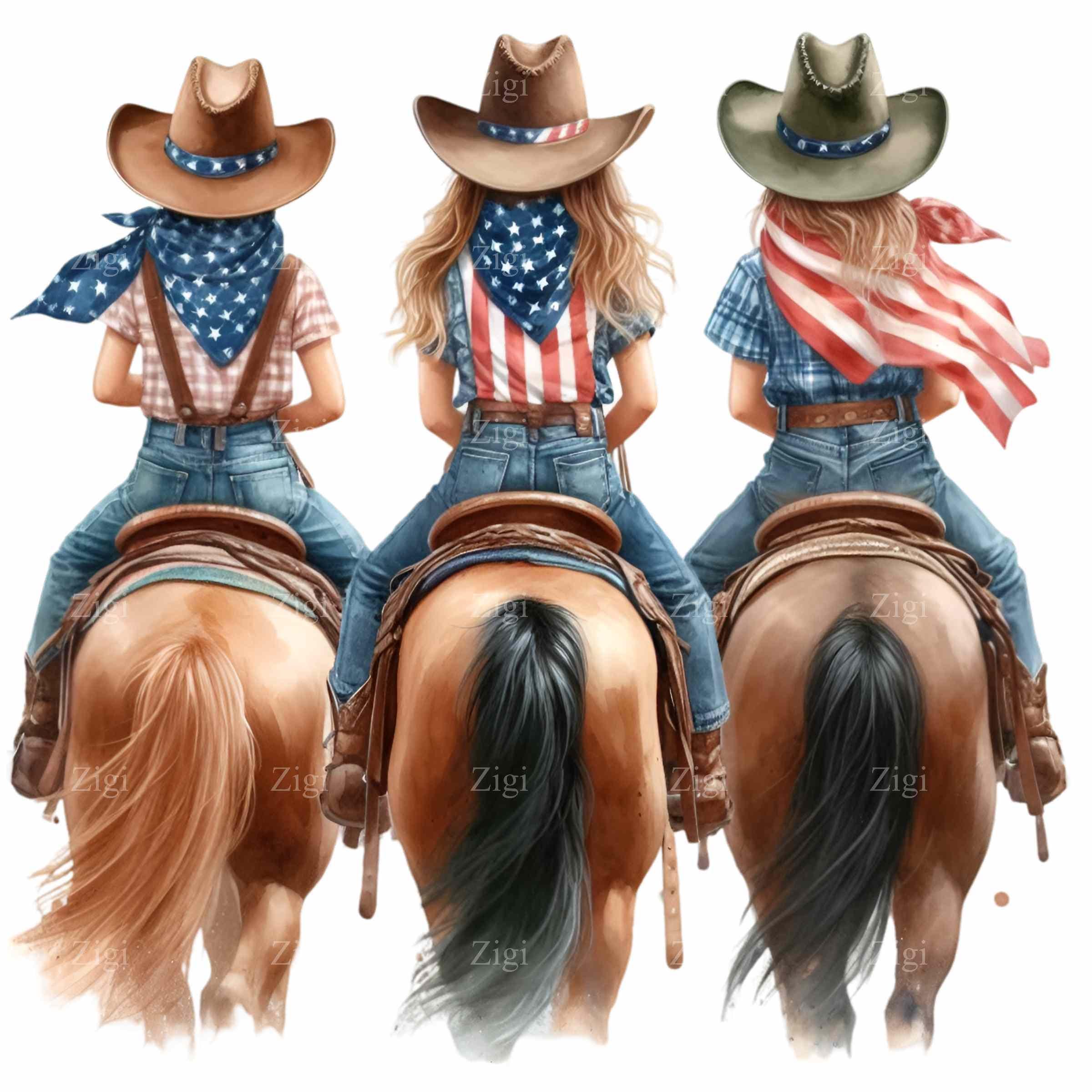 12 Patriotic Cowgirls PNG Clipart, Three Western Riders on Horses with American Flags, Country Rodeo Digital Art