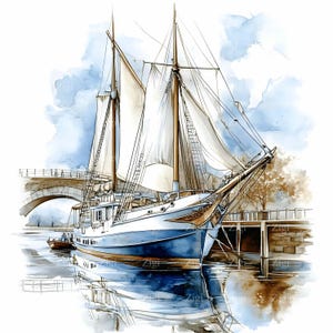 28 JPEG voilier sur Calm River Clipart - scène aquarelle nautique - reflet côtier Art JPG