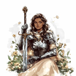 15 imágenes JPEG de una elegante caballero con espada y rosas amarillas, arte digital de una mujer guerrera, armadura de fantasía medieval JPG