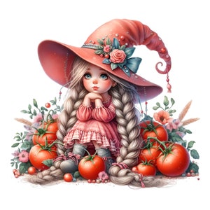 10 PNG Tomaten Mädchen Clipart - Wunderliche PNG Illustration - Märchenhafte Ernte Kunst für Herbst Handwerk, Küchendekor, Fantasy-Designs