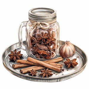 20 PNG Rustic Spice Jar Clipart - Cannella, Anice Stellato e Noci PNG - Illustrazione di Erbe da Cucina Vintage