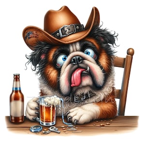10 Funny Cowboy Dog PNG Clipart | Bulldog with Beer Cartoon Art | Comical Western Pet Illustration