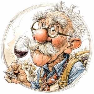 Könnte beinhalten: Detaillierte Illustration eines älteren Mannes mit großer Nase, dickem weißen Schnurrbart und runder Brille, der Rotwein aus einem Stielglas genießt. Er trägt ein blaues Hemd, eine gemusterte Krawatte und Hosenträger, vor einem Hintergrund in sanften Farben.