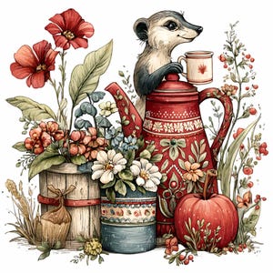 Könnte beinhalten: Eine skurrile Illustration zeigt eine rote Teekanne mit floralen Mustern, ein Erdmännchen mit einer Tasse und verschiedene Blumen in Holz- und Blechbehältern. Ein roter Kürbis ist ebenfalls zu sehen. Die Farbpalette umfasst Rot, Grün und Weiß.