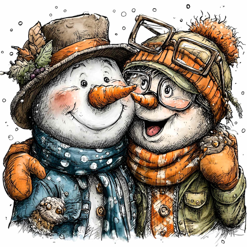 11 PNG Rustic Snowman Couple Clipart, Festive Winter Illustration - Etsy
