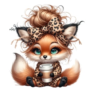 Puede incluir: Un zorro de dibujos animados con un atuendo de estampado de leopardo y un lazo, sosteniendo una taza de caf&eacute; para llevar.