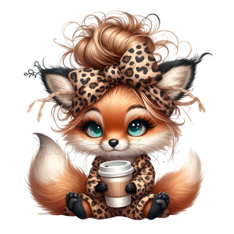Puede incluir: Un zorro de dibujos animados con un atuendo de estampado de leopardo y un lazo, sosteniendo una taza de caf&eacute; para llevar.