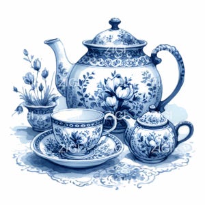 Könnte beinhalten: Ein blaues und weißes Porzellan-Tee-Set mit einer Teekanne, einer Tasse und Untertasse sowie einem Milchkännchen. Das Set ist mit floralen Mustern verziert.