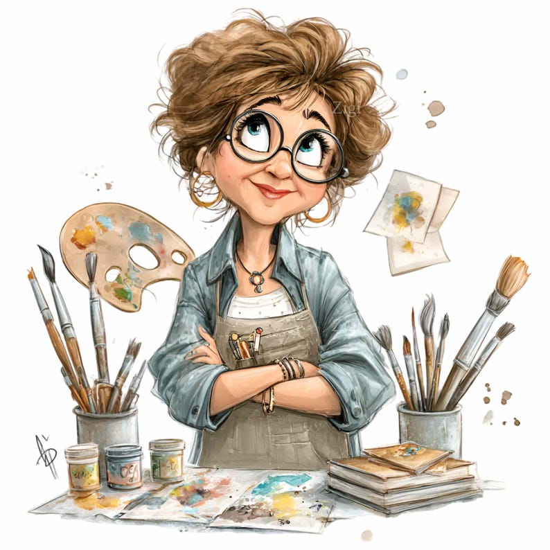 May include: Illustration of an artist with curly brown hair, wearing glasses, a denim shirt, and an apron. The artist is surrounded by art supplies, including paintbrushes, paint tubes, a palette, and watercolor paintings. The artist is looking upwards.