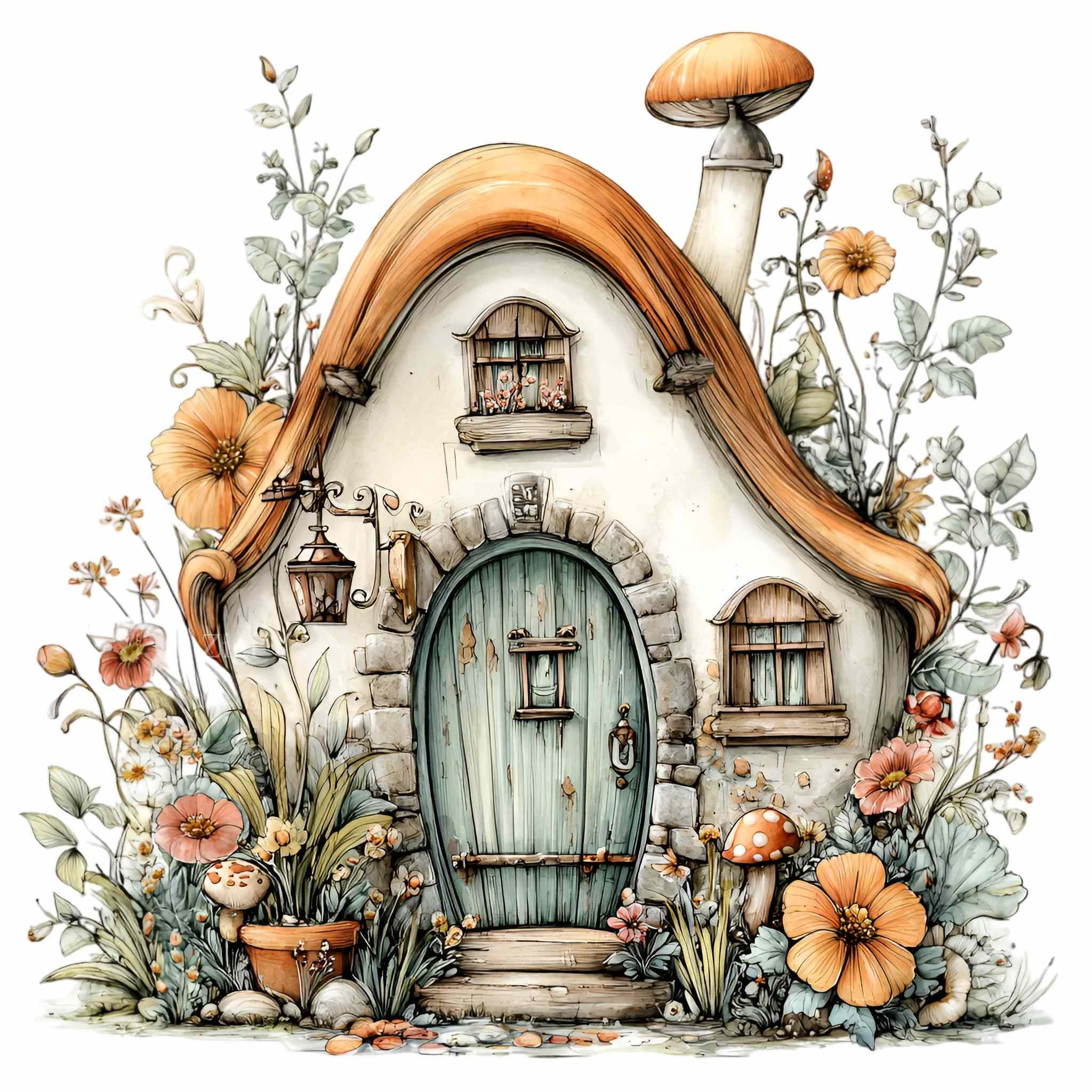 15 PNG Mushroom House Clipart, Fairy Cottage Watercolor Garden ...