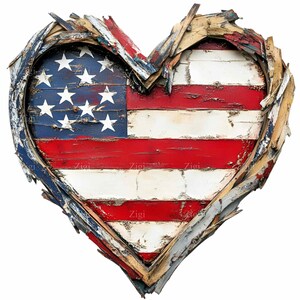 15 imágenes prediseñadas PNG de corazón con bandera estadounidense rústica: bandera de EE. UU. de madera desgastada en forma de corazón: arte patriótico del 4 de julio