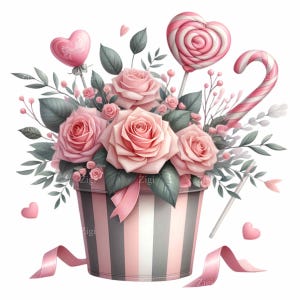 Roze rozen en snoepboeket png-clipart, 12 romantische bloemenemmerillustratie, zoet decor voor Valentijnsdag