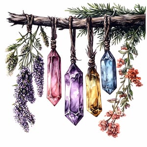 24 imágenes prediseñadas colgantes de cristal JPEG, piedras preciosas y hierbas de colores en un palo de madera, arte mural mágico de la naturaleza para imprimir