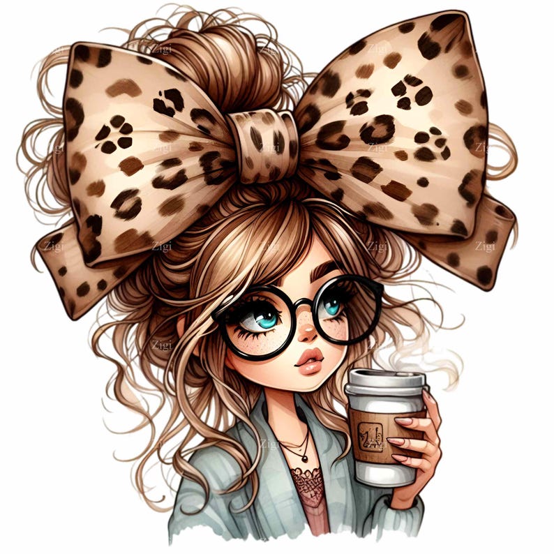 Cute Girl PNG Clipart With Leopard Print Bow, Glasses, and Coffee Cup