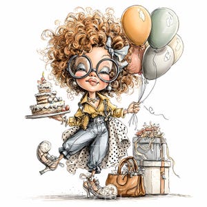 May include: A cartoon illustration of a character with curly hair, wearing glasses and a yellow jacket, holding balloons and a cake. Gifts and a brown handbag are also present. The image has a celebratory and whimsical theme.