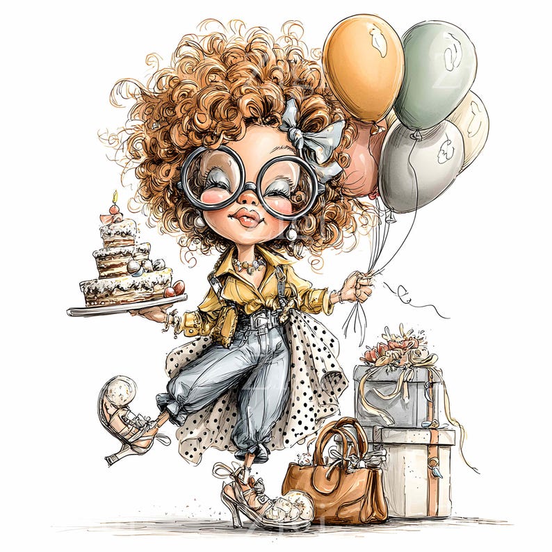 May include: A cartoon illustration of a character with curly hair, wearing glasses and a yellow jacket, holding balloons and a cake. Gifts and a brown handbag are also present. The image has a celebratory and whimsical theme.