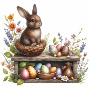 15 PNG Conejito rústico con huevos pintados PNG Clipart – Conejo primaveral en nido con decoración floral en estante – Linda descarga digital de Pascua