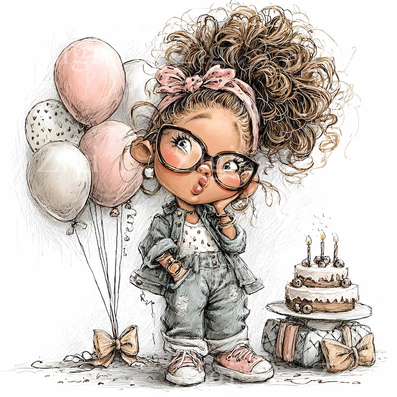 May include: Cartoon illustration of a girl with curly brown hair, wearing glasses, a denim jacket, and jeans. She is holding balloons and standing next to a birthday cake and wrapped gifts. The balloons are pink and white.