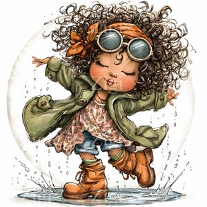 Puede incluir: Ilustraci&oacute;n caprichosa de un ni&ntilde;o chapoteando alegremente en un charco. El ni&ntilde;o lleva una chaqueta verde, un vestido floral, pantalones cortos de mezclilla y botas marrones. Gafas de sol redondas y una diadema completan el look. Estilo acuarela.
