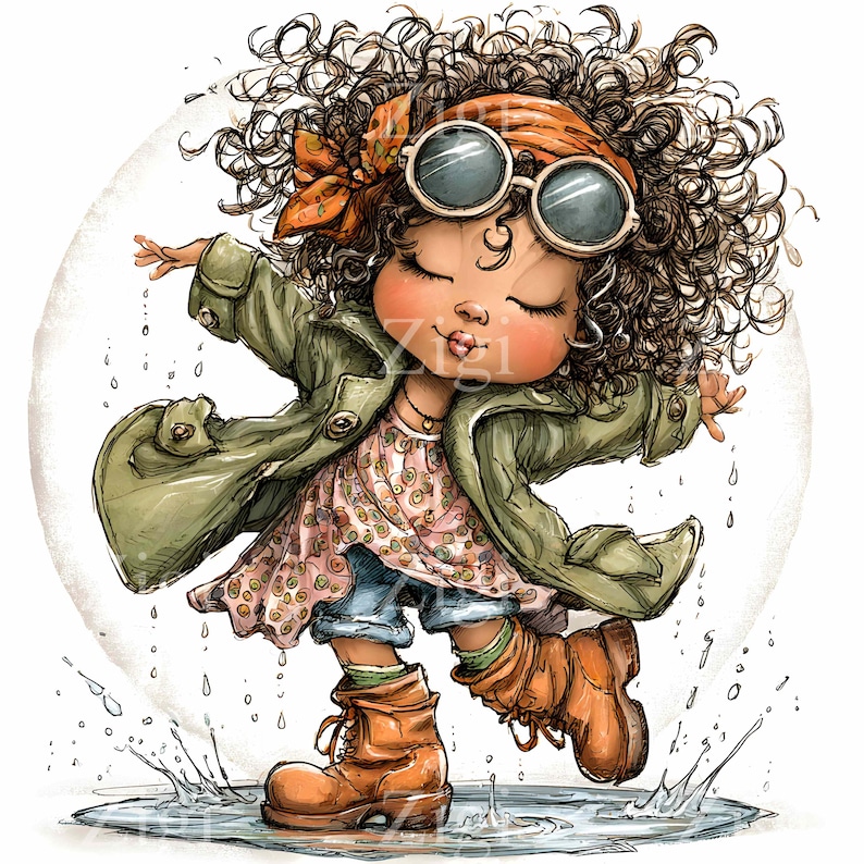 Puede incluir: Ilustraci&oacute;n caprichosa de un ni&ntilde;o chapoteando alegremente en un charco. El ni&ntilde;o lleva una chaqueta verde, un vestido floral, pantalones cortos de mezclilla y botas marrones. Gafas de sol redondas y una diadema completan el look. Estilo acuarela.