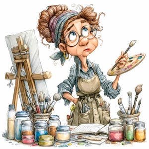 Artist woman clipart – Whimsical painter PNG illustration – Digital art for stickers, planners, shirts, crafts, sublimation, creative projects