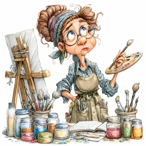 15 PNG Artist woman clipart – Whimsical painter PNG illustration – Digital art for stickers, planners, shirts, crafts, sublimation, projects