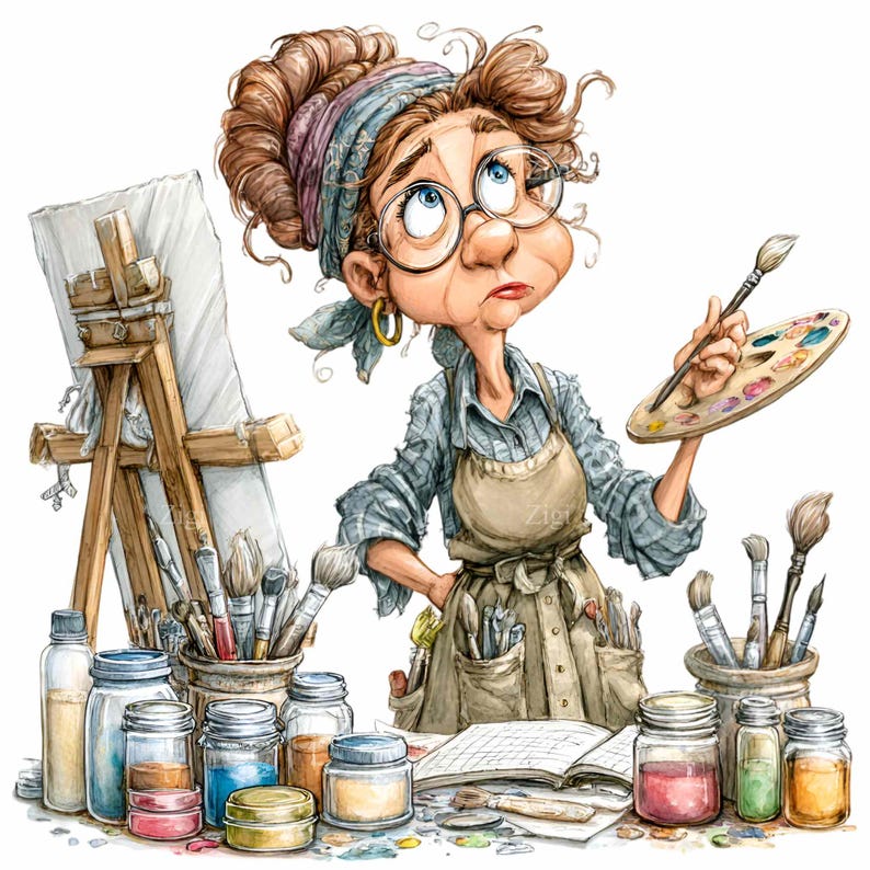 Artist woman clipart – Whimsical painter PNG illustration – Digital art for stickers, planners, shirts, crafts, sublimation, creative projects