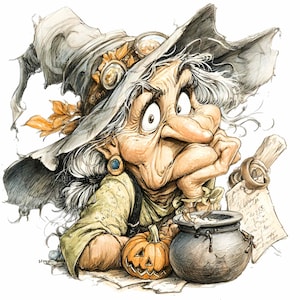 10 PNG Clipart di strega del calderone - Vecchia strega scontrosa PNG - Divertente arte di Halloween per biglietti, sublimazione, scrapbooking e progetti spettrali