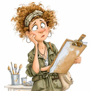 May include: Cartoon illustration of a woman with red curly hair, wearing a green jacket, holding a clipboard. She looks thoughtful, with her hand on her chin. Paintbrushes and a paint can are on a table to her left. A beige bag hangs from her shoulder.