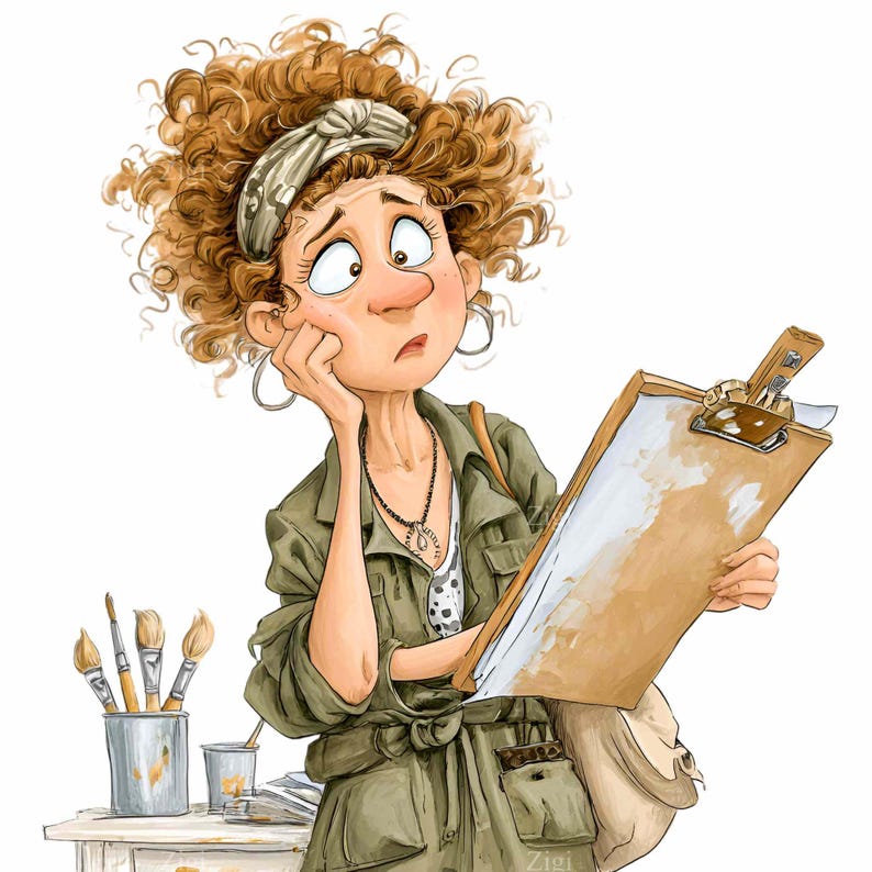 May include: Cartoon illustration of a woman with red curly hair, wearing a green jacket, holding a clipboard. She looks thoughtful, with her hand on her chin. Paintbrushes and a paint can are on a table to her left. A beige bag hangs from her shoulder.