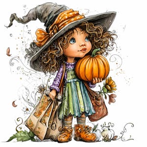 May include: Watercolor illustration of a young girl dressed as a witch, holding a pumpkin. She wears a gray witch hat with an orange ribbon, a purple shirt, and a green and blue striped dress. She carries a brown bag and wears brown boots. The image has a Halloween theme.