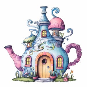 Puede incluir: Una casa de té de color azul y rosa con un techo de hongo, una puerta, ventanas y detalles intrincados. La tetera tiene un asa rosa y un pico en espiral.