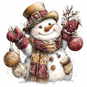 May include: A cheerful snowman illustration wearing a brown top hat, a patterned scarf, and red mittens. The snowman holds Christmas ornaments in each hand, with a carrot nose and a smiling expression. The overall theme is festive and winter-themed.