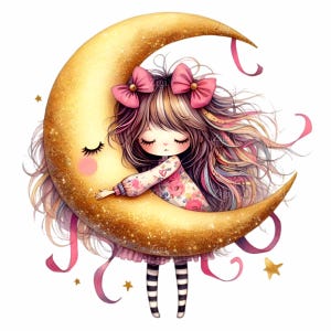 15 Niña abrazando la luna PNG, ilustración nocturna caprichosa, lindo clipart de niño soñador para manualidades