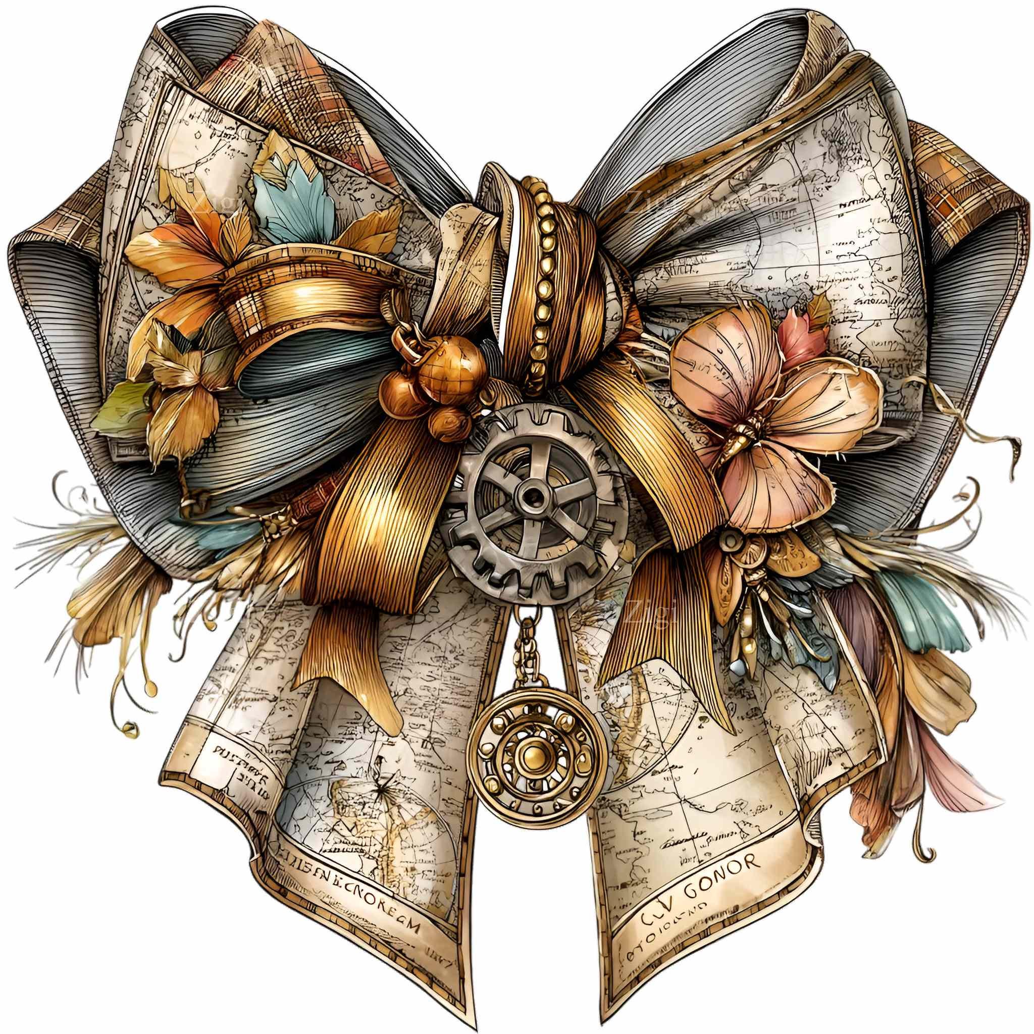 Steampunk Ribbon 10 PNG Steampunk Map Bow – Vintage Ribbon PNG Clipart – Watercolor ...