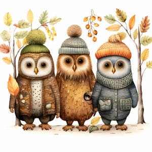 25 JPEG: Tres búhos otoñales con chaquetas y gorros de punto, imágenes prediseñadas de animales del bosque otoñal, adorables amigos del bosque en formato JPG para manualidades de temporada.