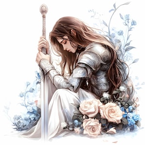 27 JPEG Fantasy vrouwelijke ridder met zwaard en blauwe rozen JPG-clipart, elegante krijger in zilveren harnas, dromerige bloemen illustratie