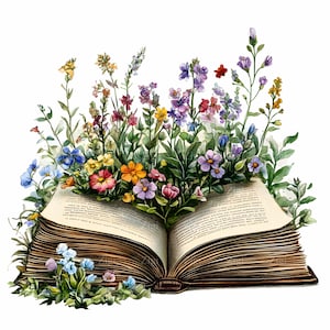 28 imágenes prediseñadas de flores de libro abierto JPEG, arte vintage con páginas florecientes, impresión botánica de flores silvestres, decoración literaria para jardín