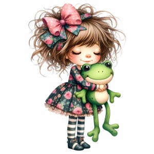14 Cute Girl Hugging Frog PNG Clipart – Messy Hair Girl in Floral Dress Holding Plush Frog – Whimsical Spring Art Download