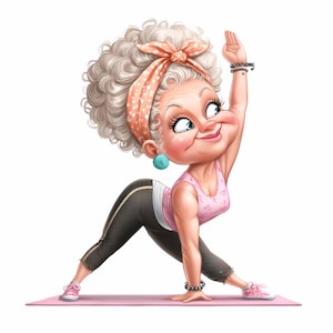 30 PNG divertenti clipart di nonna yoga, donna anziana che fa stretching sul tappetino, signora anziana attiva in abbigliamento sportivo, arte di sublimazione del fitness